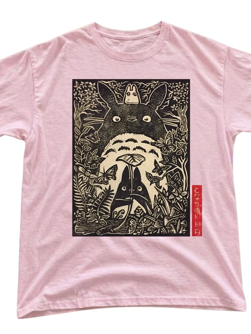 Light Pink Short Sleeve Tee with Black & Cream Totoro-Style Print